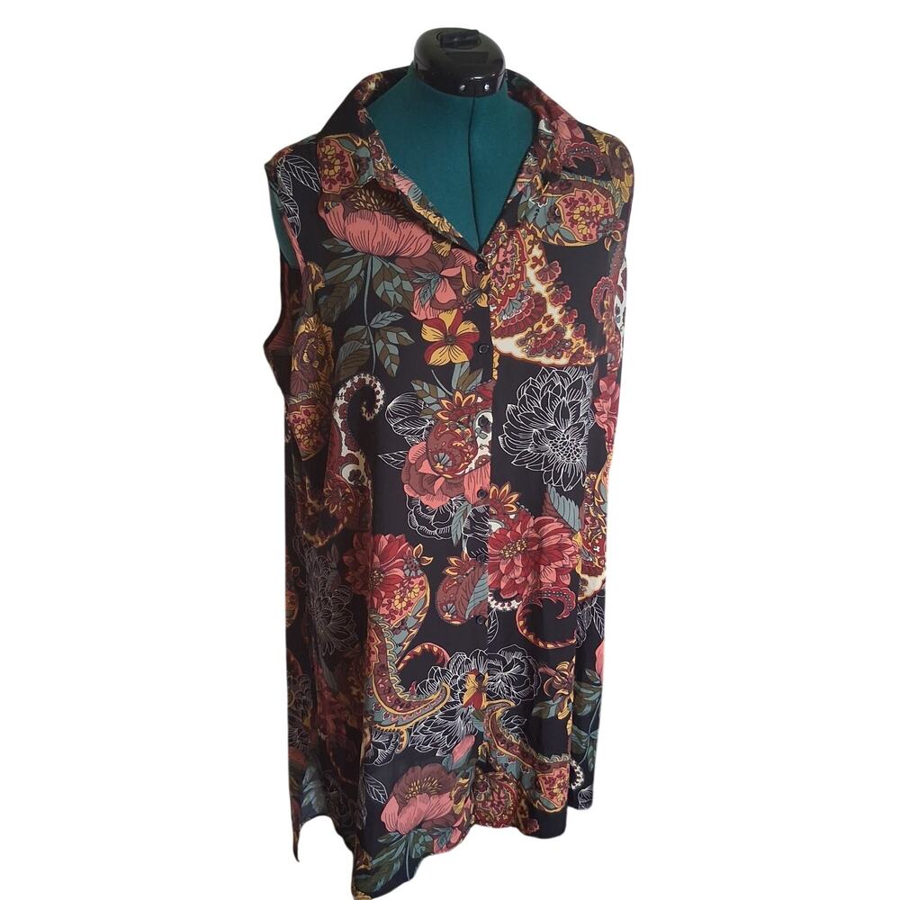 Spense Woman 1X Floral Paisley Sheer High Low Sleeveless Tunic Top